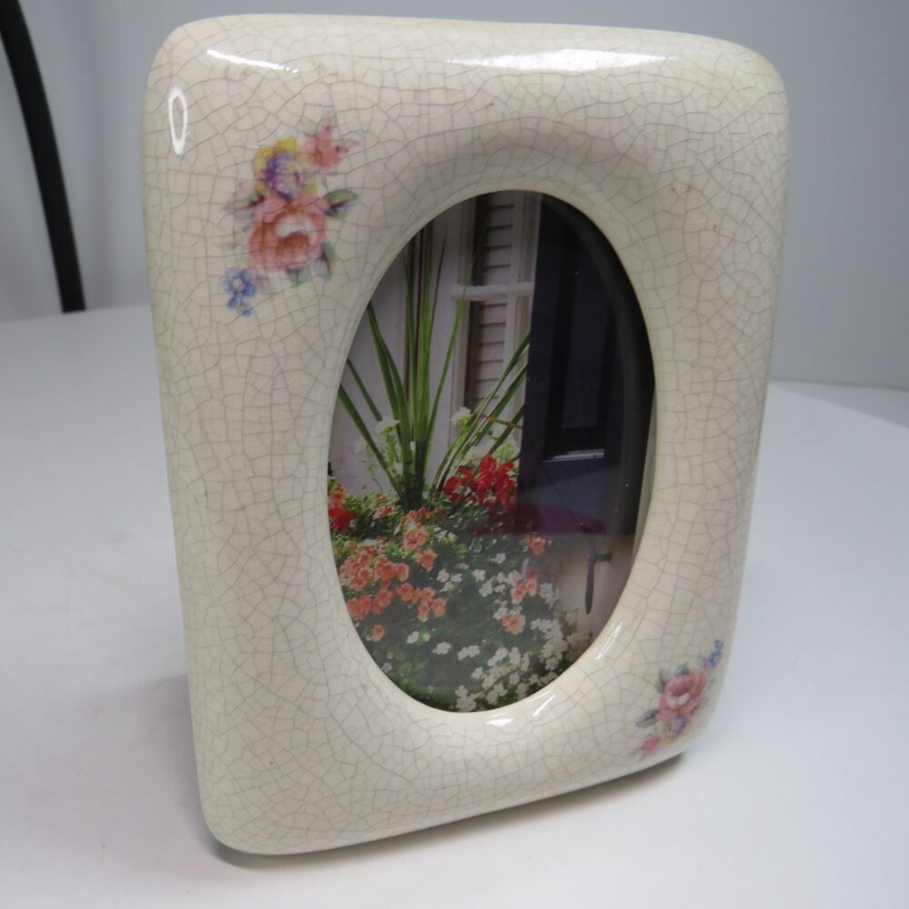 Ceramic Rose Crackle Finish Picture Frame w Vintage Look Classic Shabby Chic